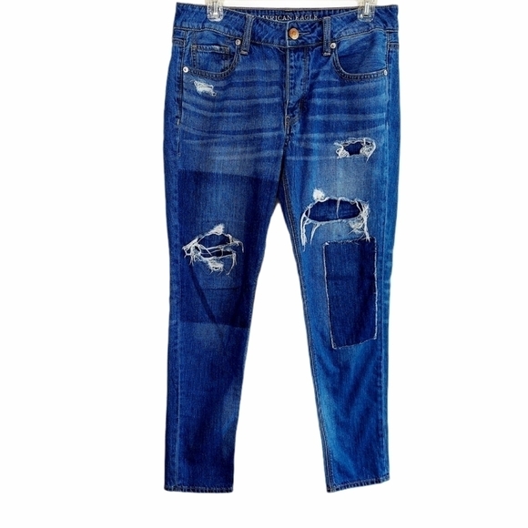 American Eagle Tomgirl Jeans Button Fly Distressed Patchwork Denim size 4 - Picture 1 of 16